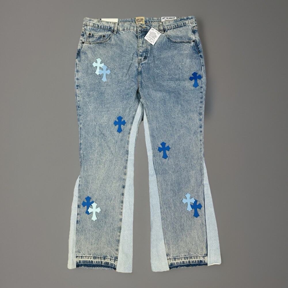 Gallery Dept Flare Light Wash Denim Jeans Blue Crosses Mens Size 40 Authentic